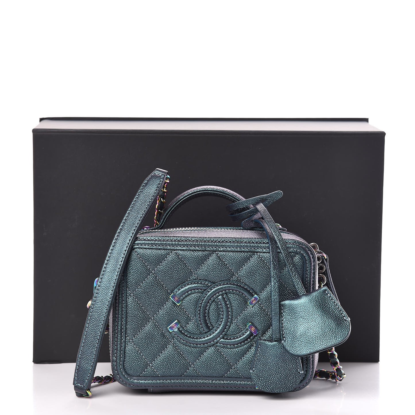 Iridescent Caviar Quilted Small CC Filigree Vanity Case Dark Turquoise