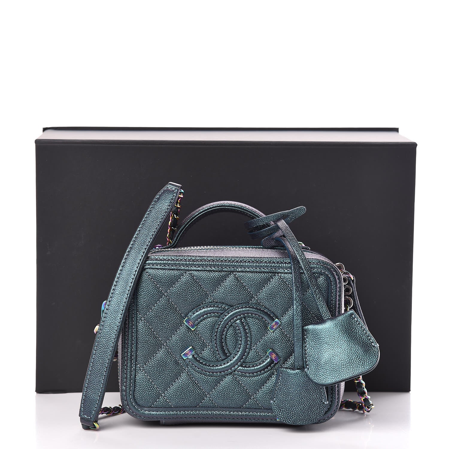 Chanel Iridescent Caviar Quilted Small CC Filigree Vanity Case Dark Turquoise 11 of 11