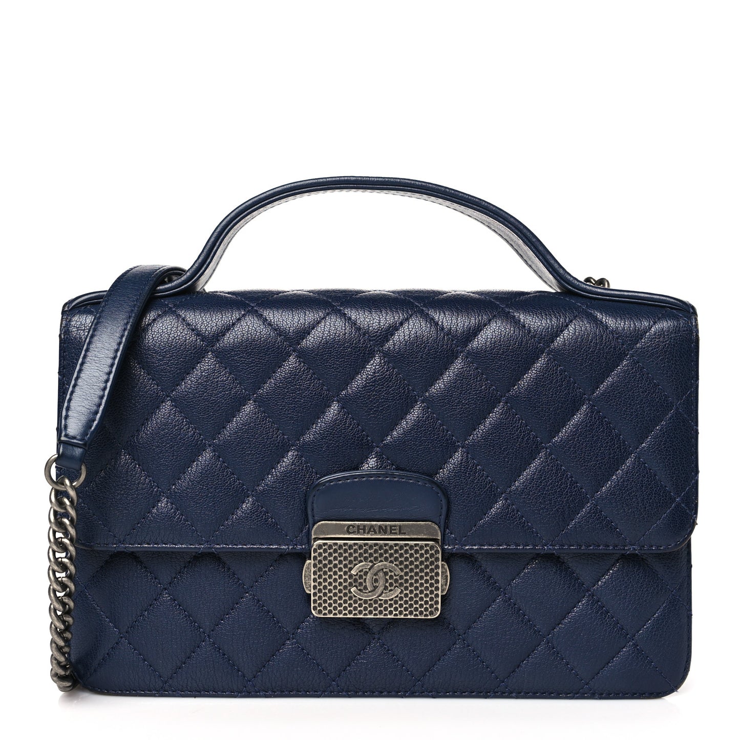 Goatskin Quilted Small CC University Top Handle Flap Blue