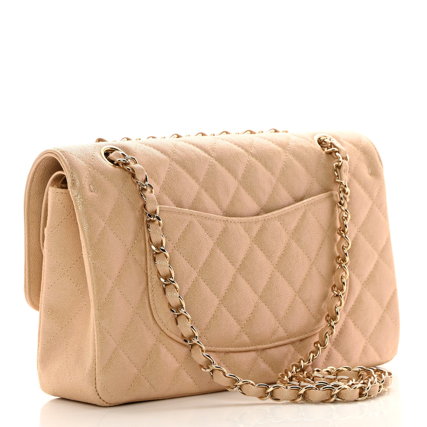 Iridescent Caviar Quilted Medium Double Flap Beige
