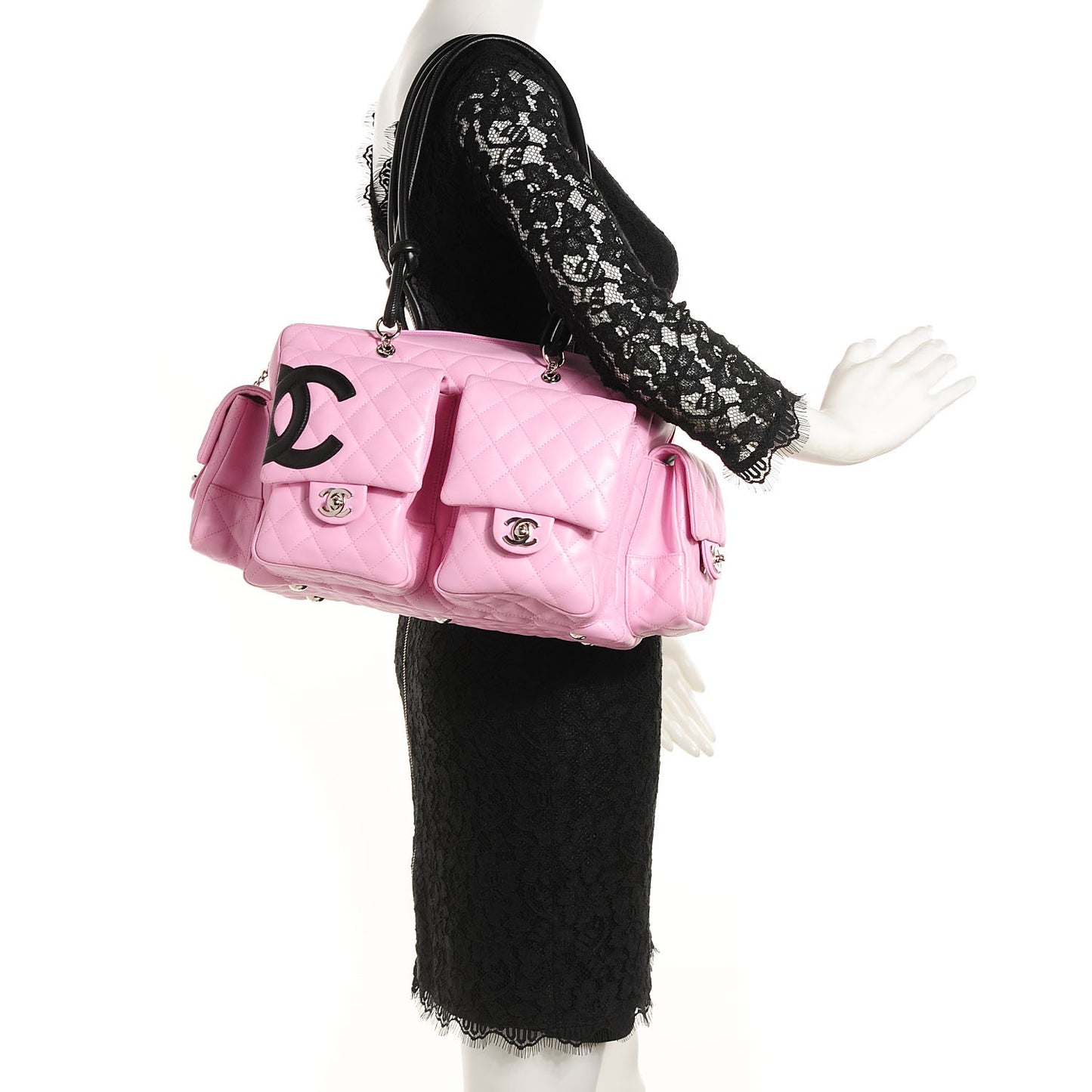 Calfskin Quilted Large Cambon Multipocket Reporter Pink Black