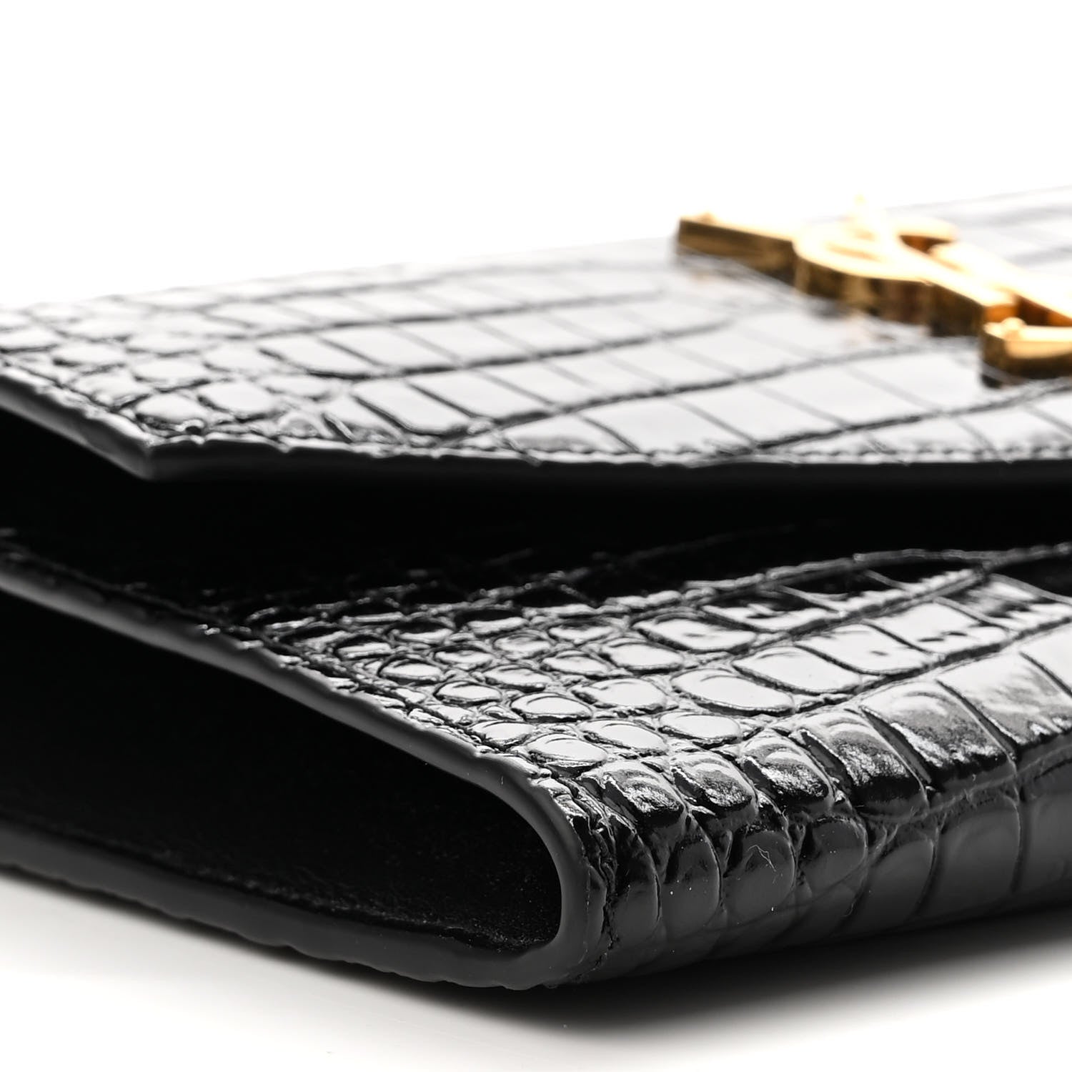 Saint Laurent Calfskin Crocodile Embossed Monogram Uptown Chain Wallet Black 10 of 12