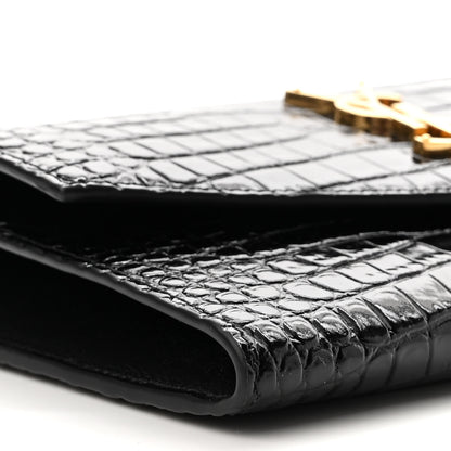Saint Laurent Calfskin Crocodile Embossed Monogram Uptown Chain Wallet Black 10 of 12
