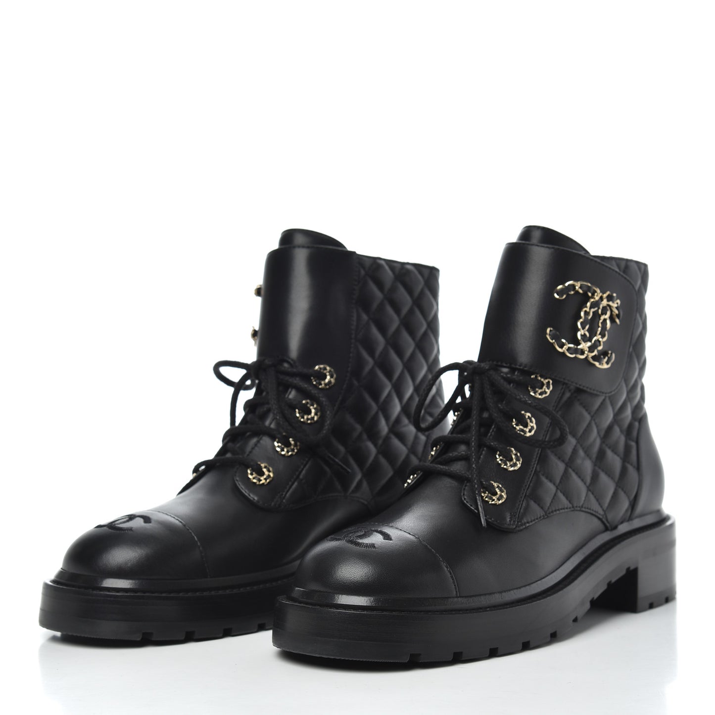 Shiny Lambskin Quilted Lace Up Combat Boots 39 Black