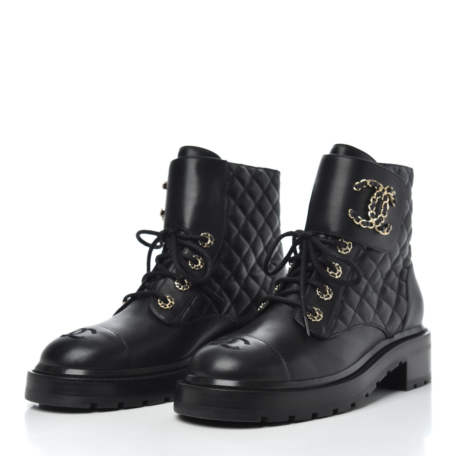 Chanel Shiny Lambskin Quilted Lace Up Combat Boots 39 Black 3 of 10