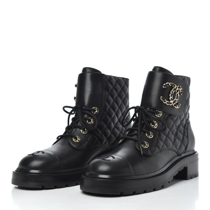 Chanel Shiny Lambskin Quilted Lace Up Combat Boots 39 Black 3 of 10
