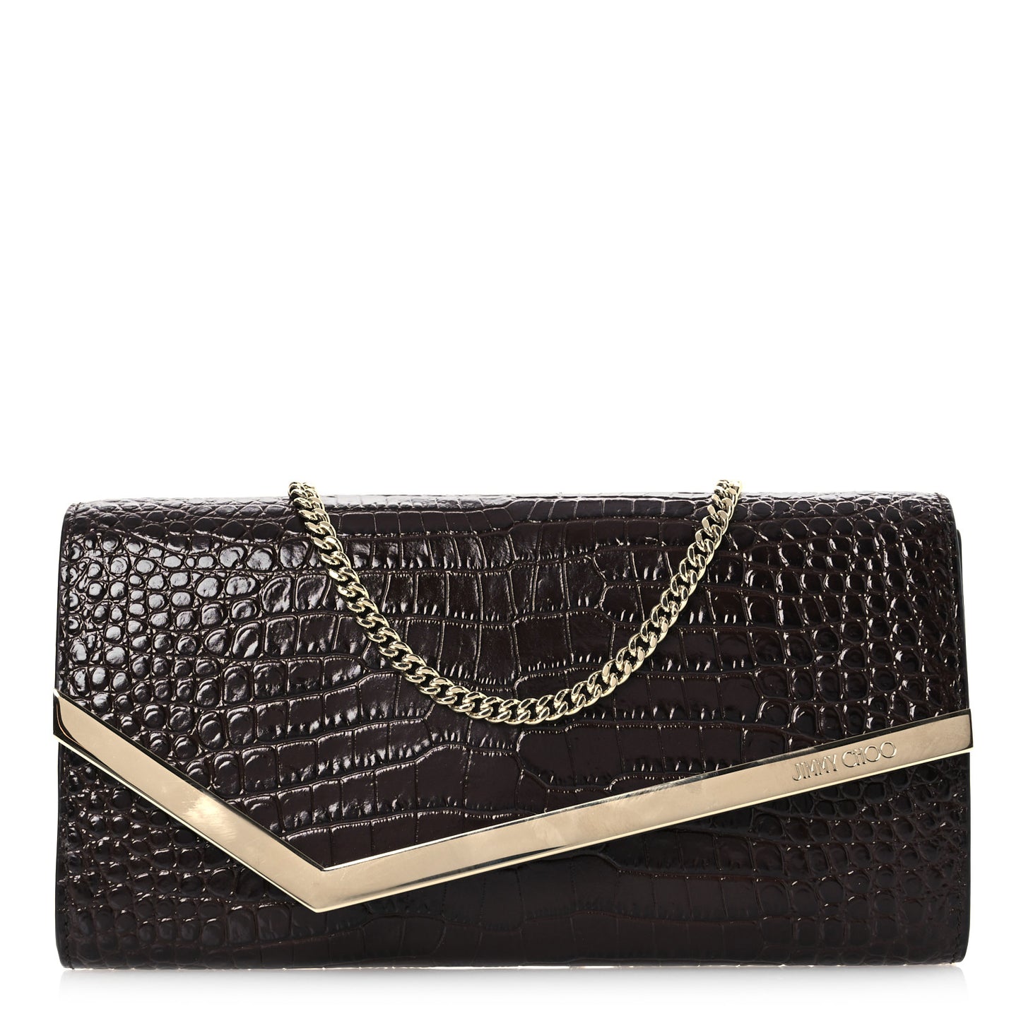 Calfskin Crocodile Embossed Emmie Clutch Bag Chocolate