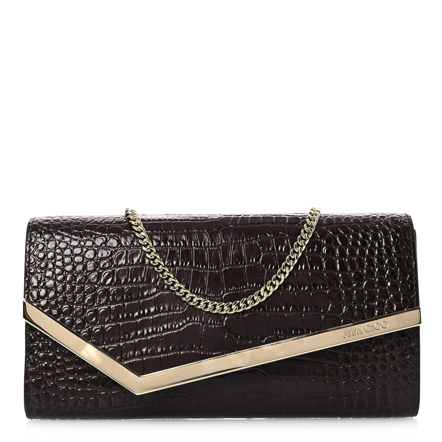 Jimmy Choo Calfskin Crocodile Embossed Emmie Clutch Bag Chocolate 1 of 11