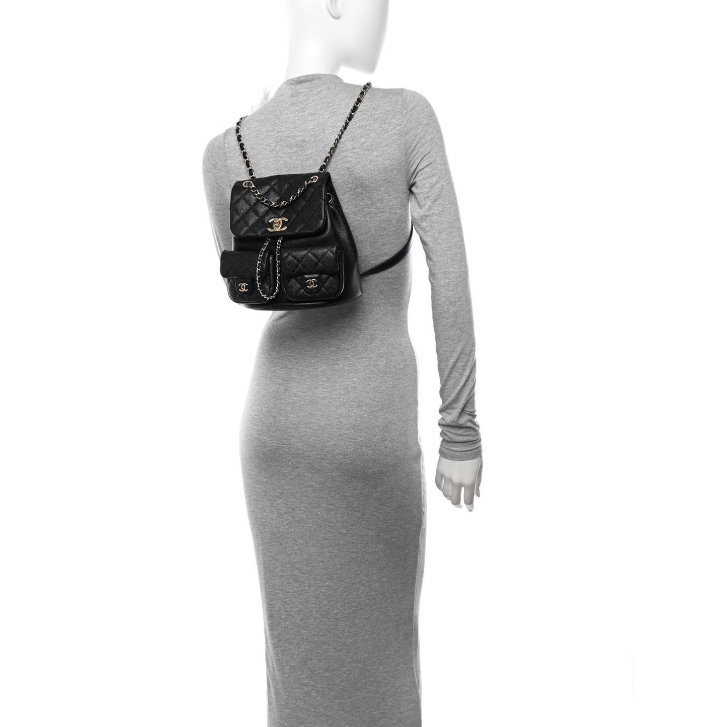 Shiny Caviar Quilted Medium Duma Pockets Drawstring Backpack Black