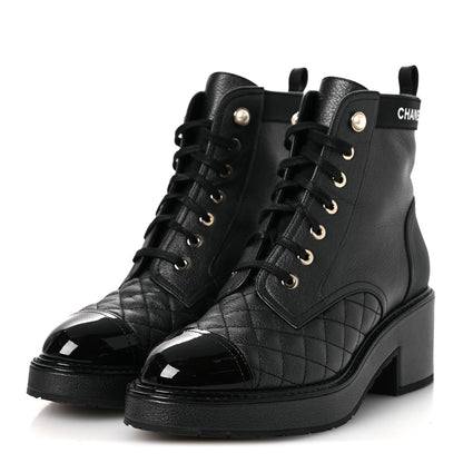 Chanel Pearly Calfskin Patent Calfskin Lace Up Combat Boots 38 Black 4 of 15