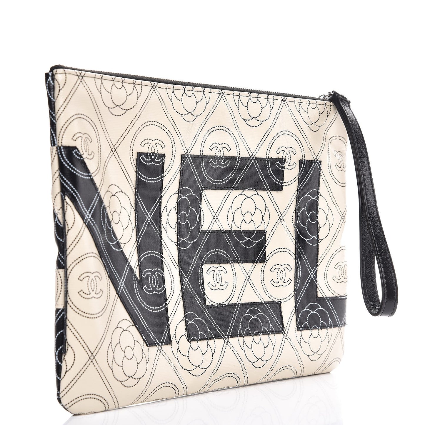 Coated Canvas Camellia Printed Pouch Black Beige