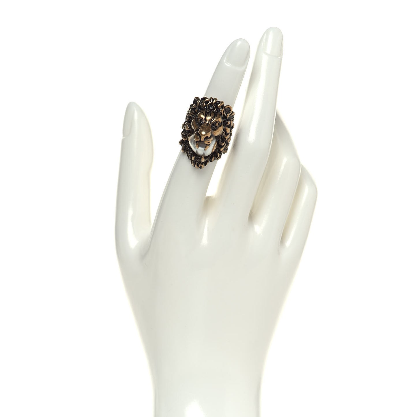 Metal Glass Pearl Lion Head Ring 6.5 Aged Gold