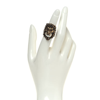 Gucci Metal Glass Pearl Lion Head Ring 6.5 Aged Gold 2 of 6