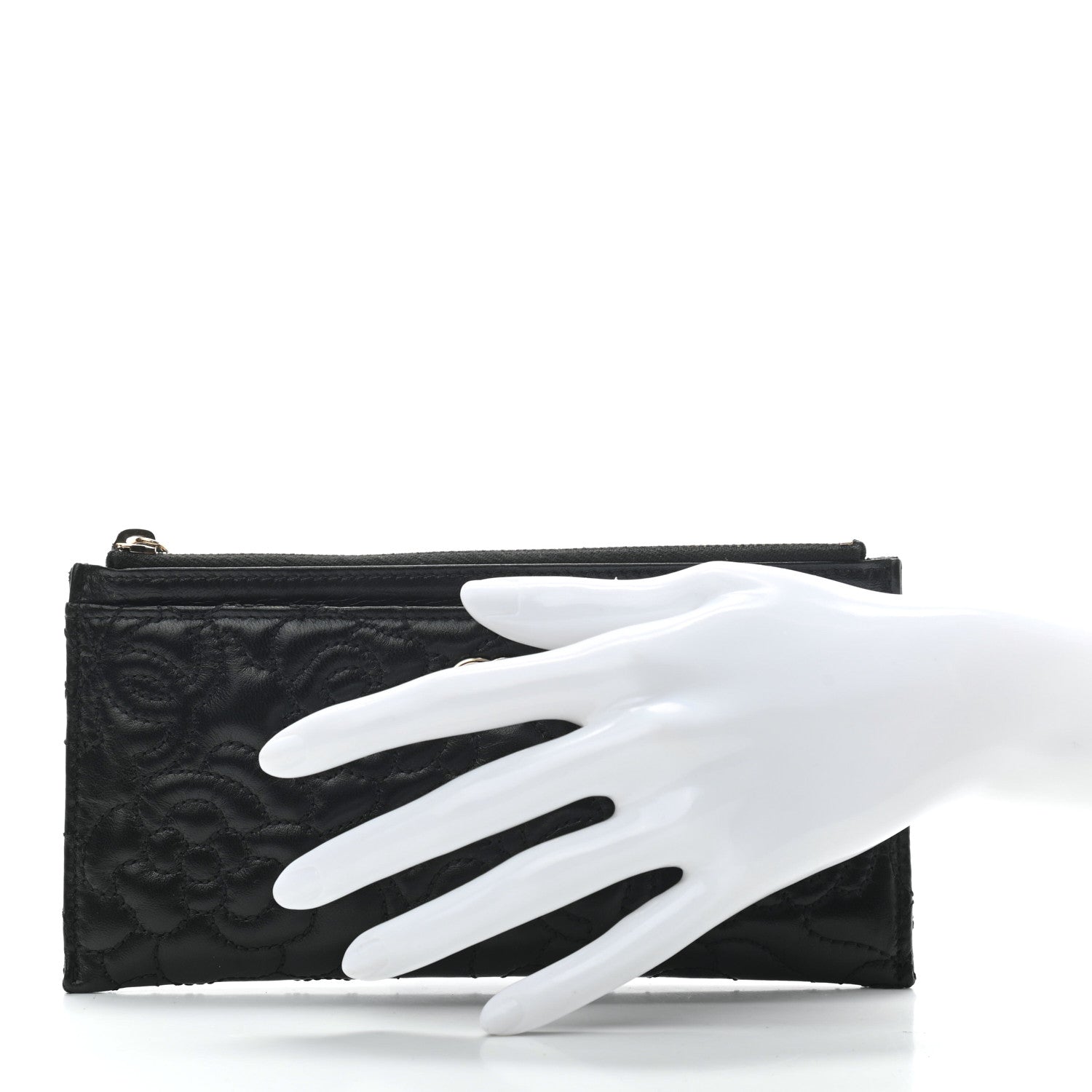Chanel Lambskin Camellia Embossed Classic Zip Pouch Black 2 of 7