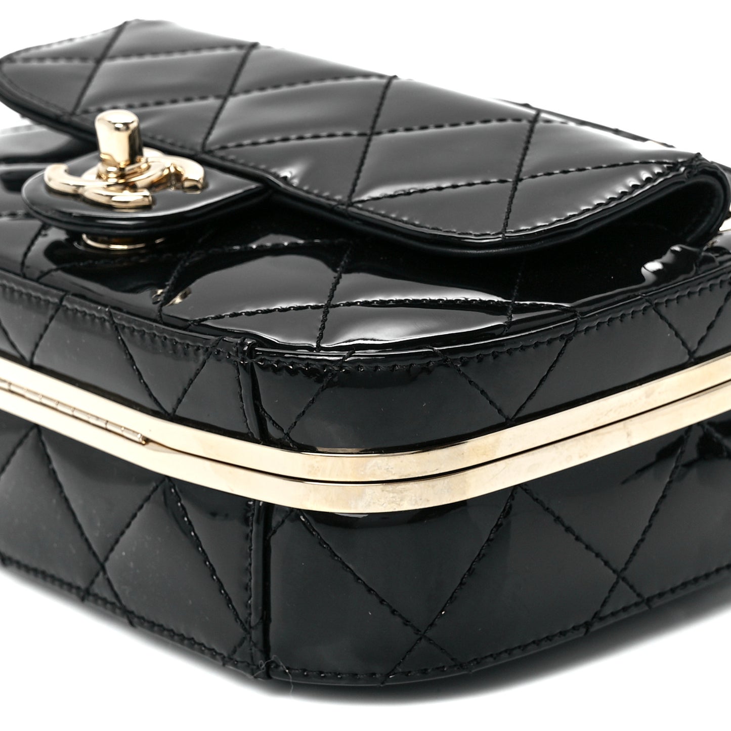 Patent Calfskin Quilted Mini Camera Case Black
