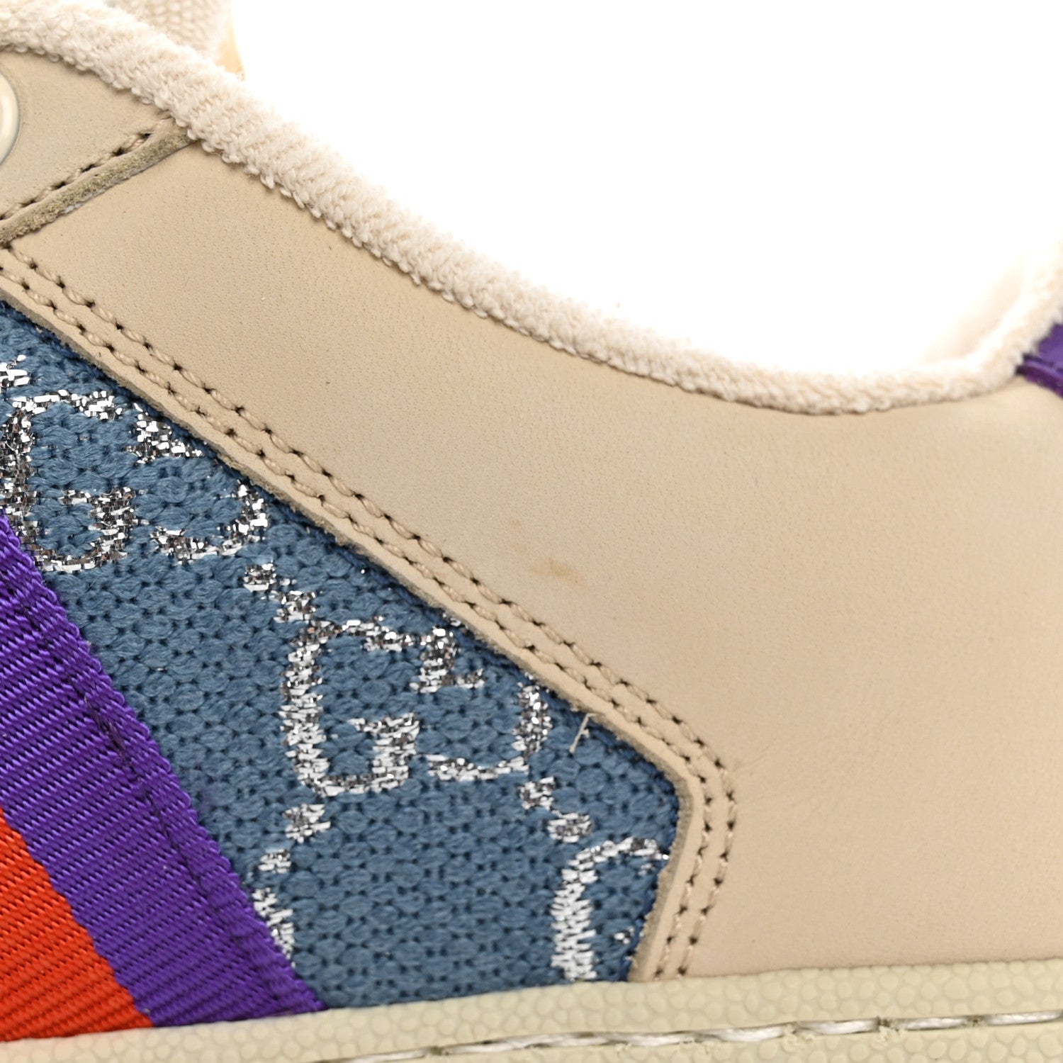 Gucci Calfskin Lame GG Monogram Web Womens Screener Sneakers 36.5 Blue Silver Dusty Milk Shine Purple 15 of 16
