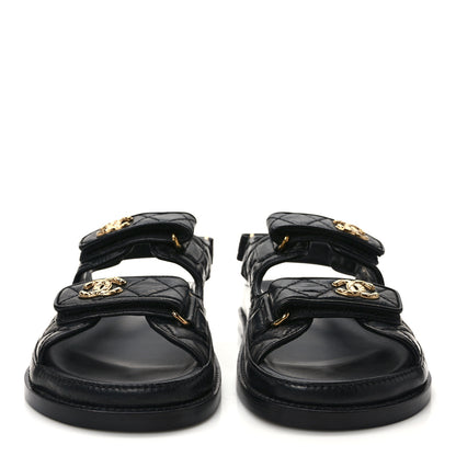 Chanel Crumpled Shiny Lambskin Velcro Dad Sandals 37.5 Black 2 of 8