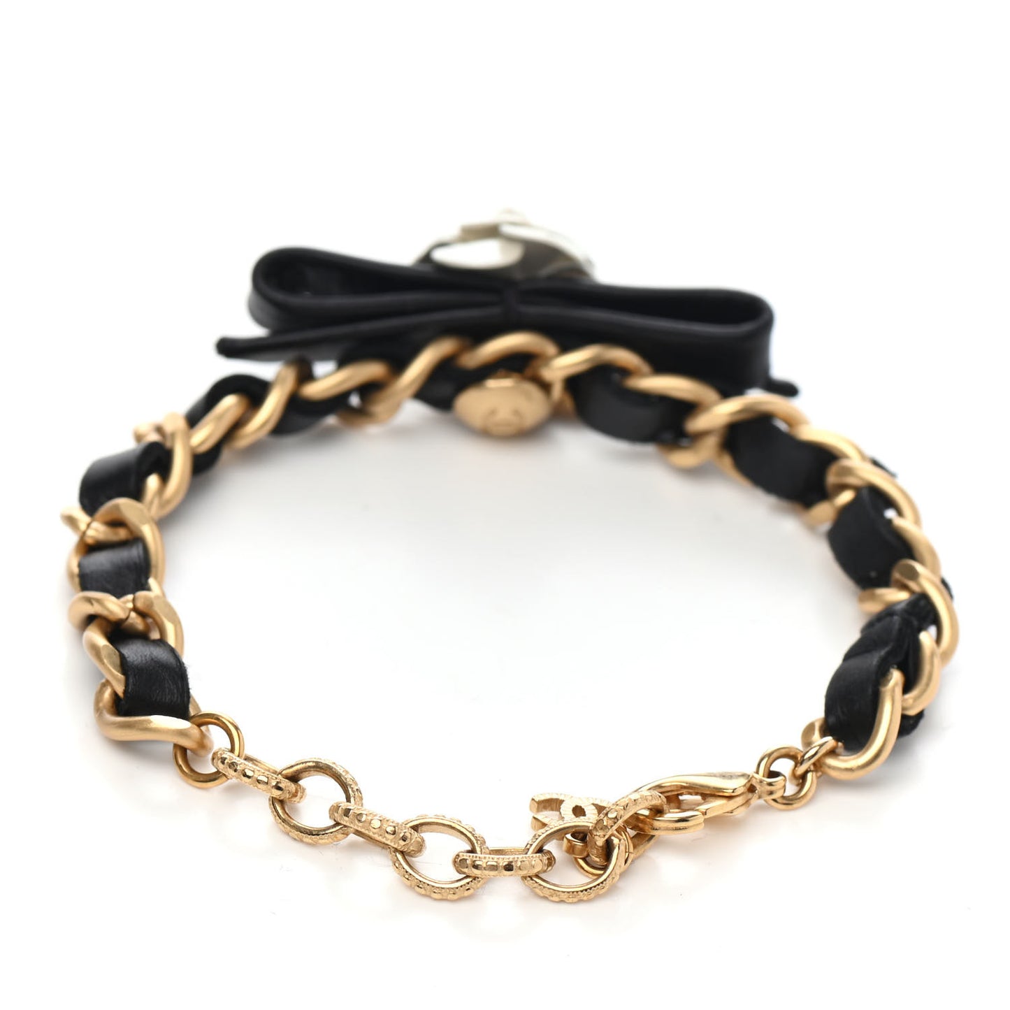 Metal Calfskin Crystal Chain 90's Camellia Bracelet Black Gold