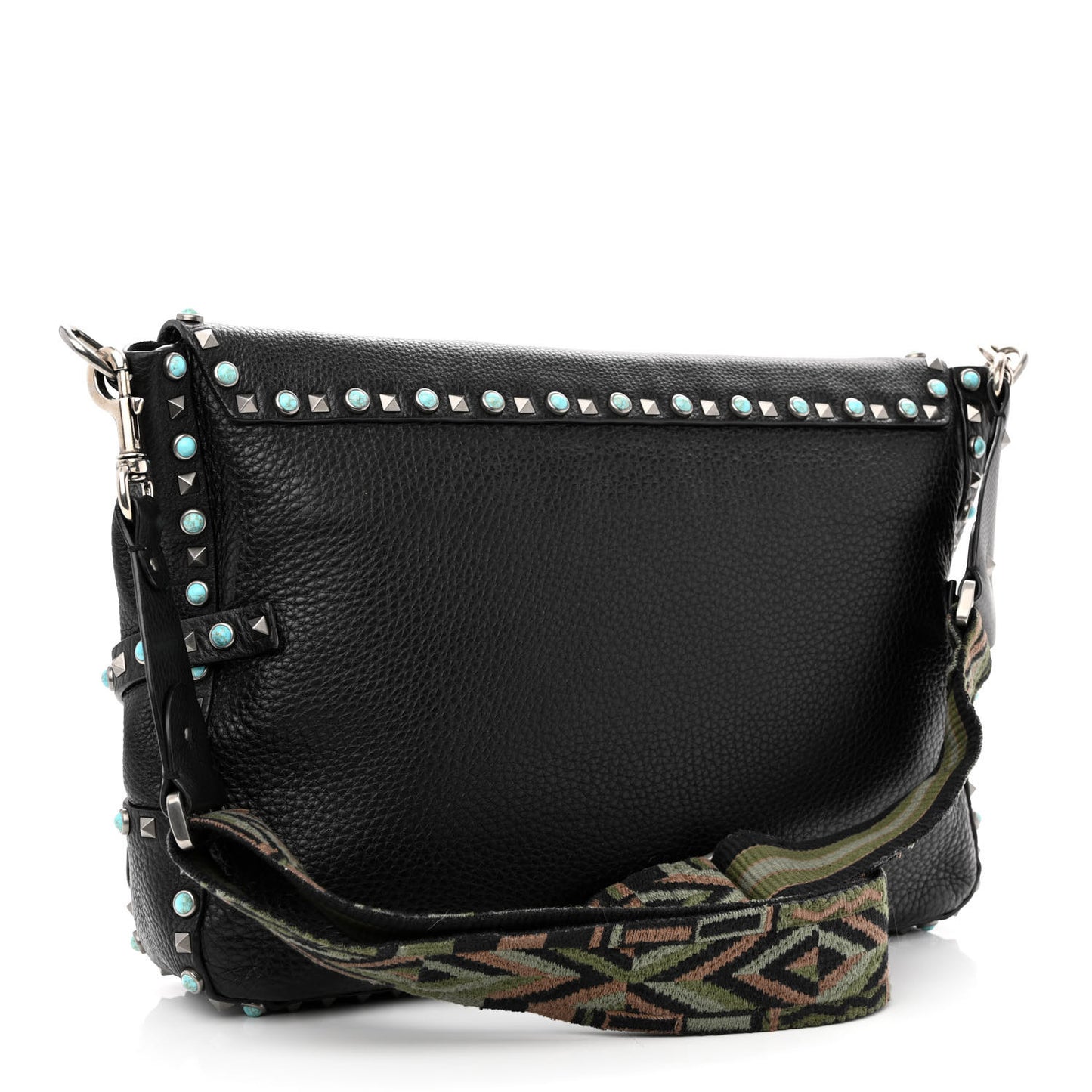 Pebbled Calfskin Rockstud Rolling Flap Messenger Bag Black