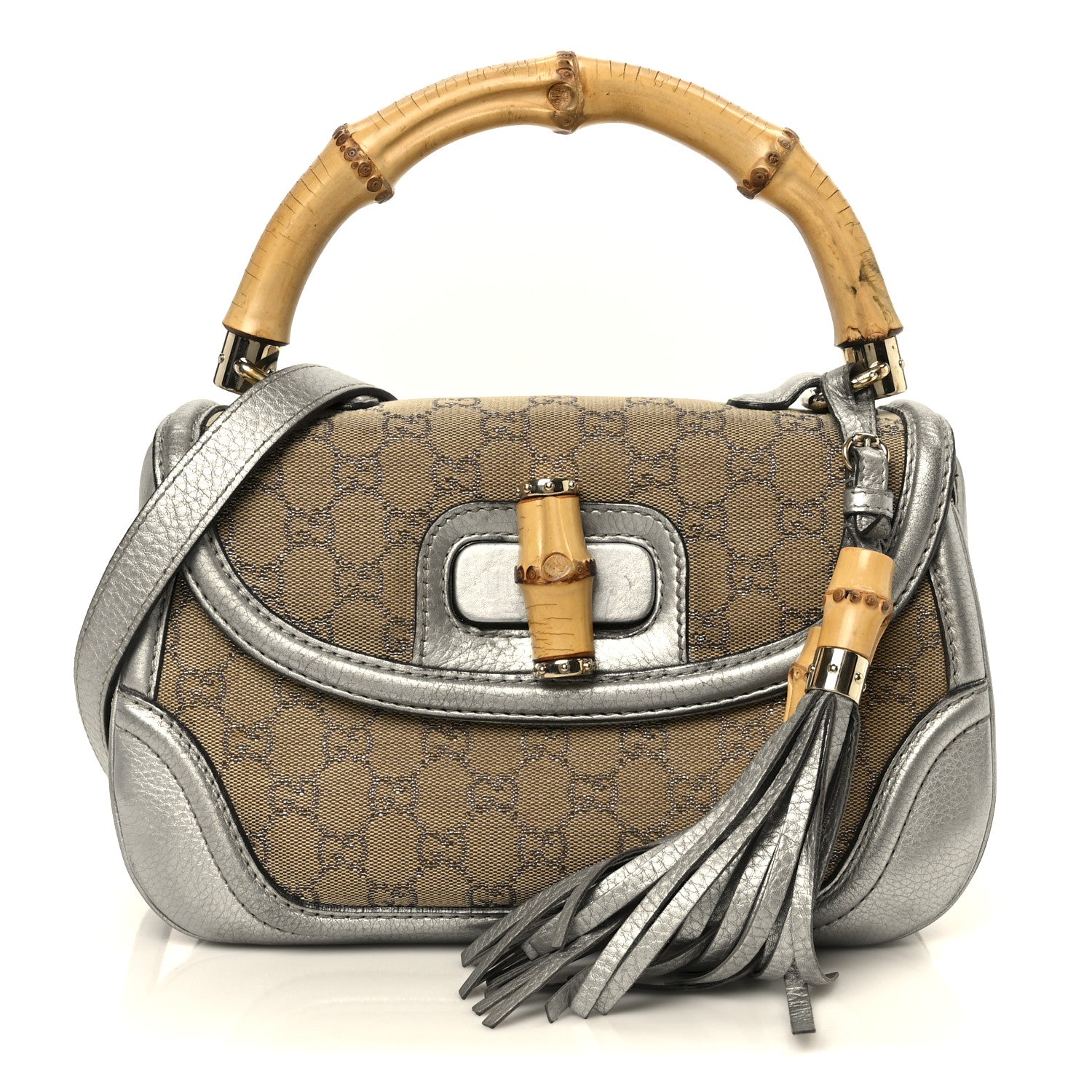 Gucci Monogram Metallic Calfskin Medium New Bamboo Top Handle Bag Silver Beige 1 of 11