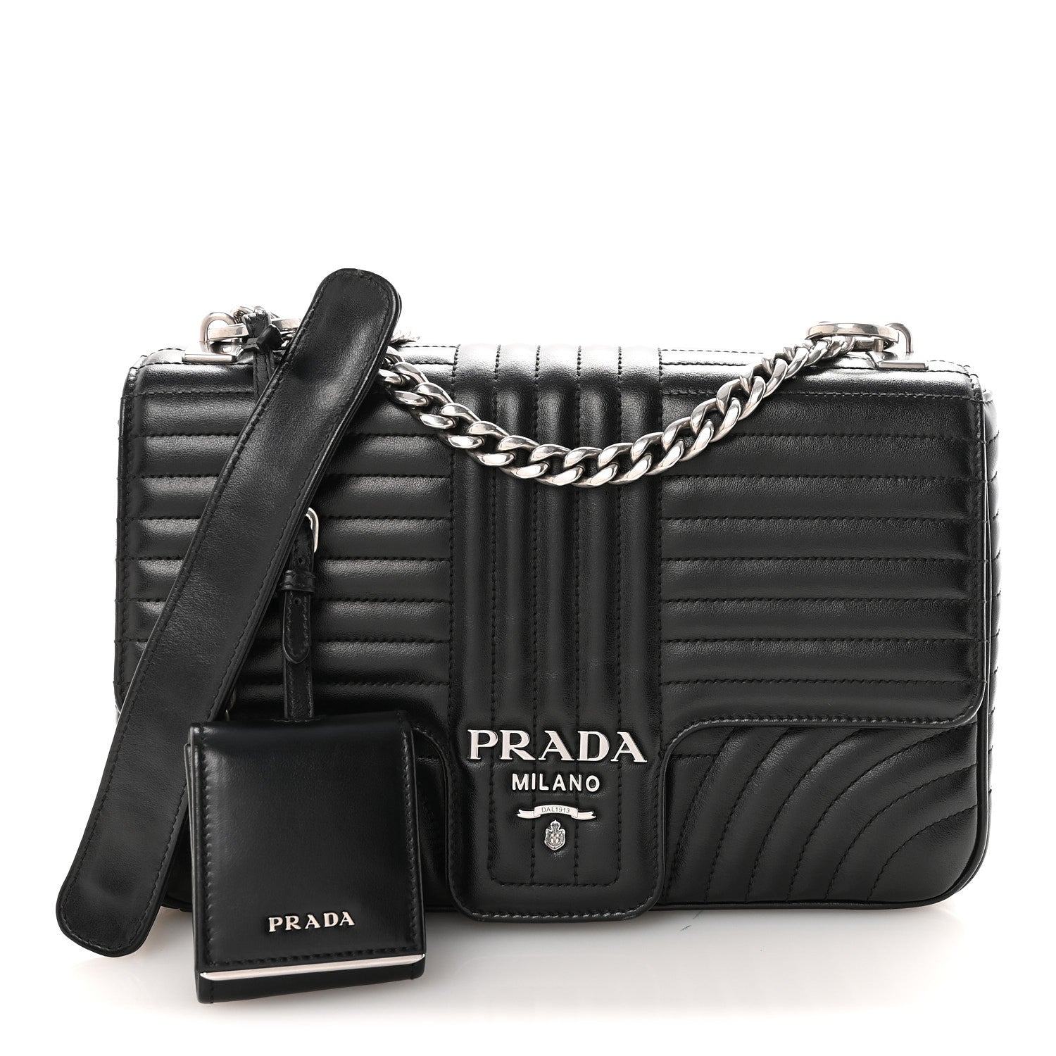 Prada Soft Calfskin Impunture Diagramme Large Chain Flap Shoulder Bag Black 1 of 9