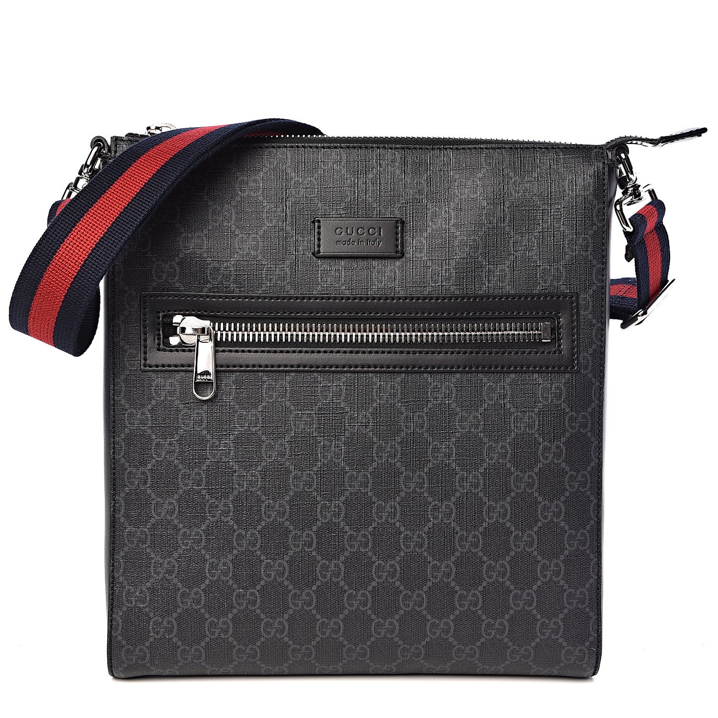 GG Supreme Monogram Appia Calfskin Web Flat Messenger Bag Black Grey