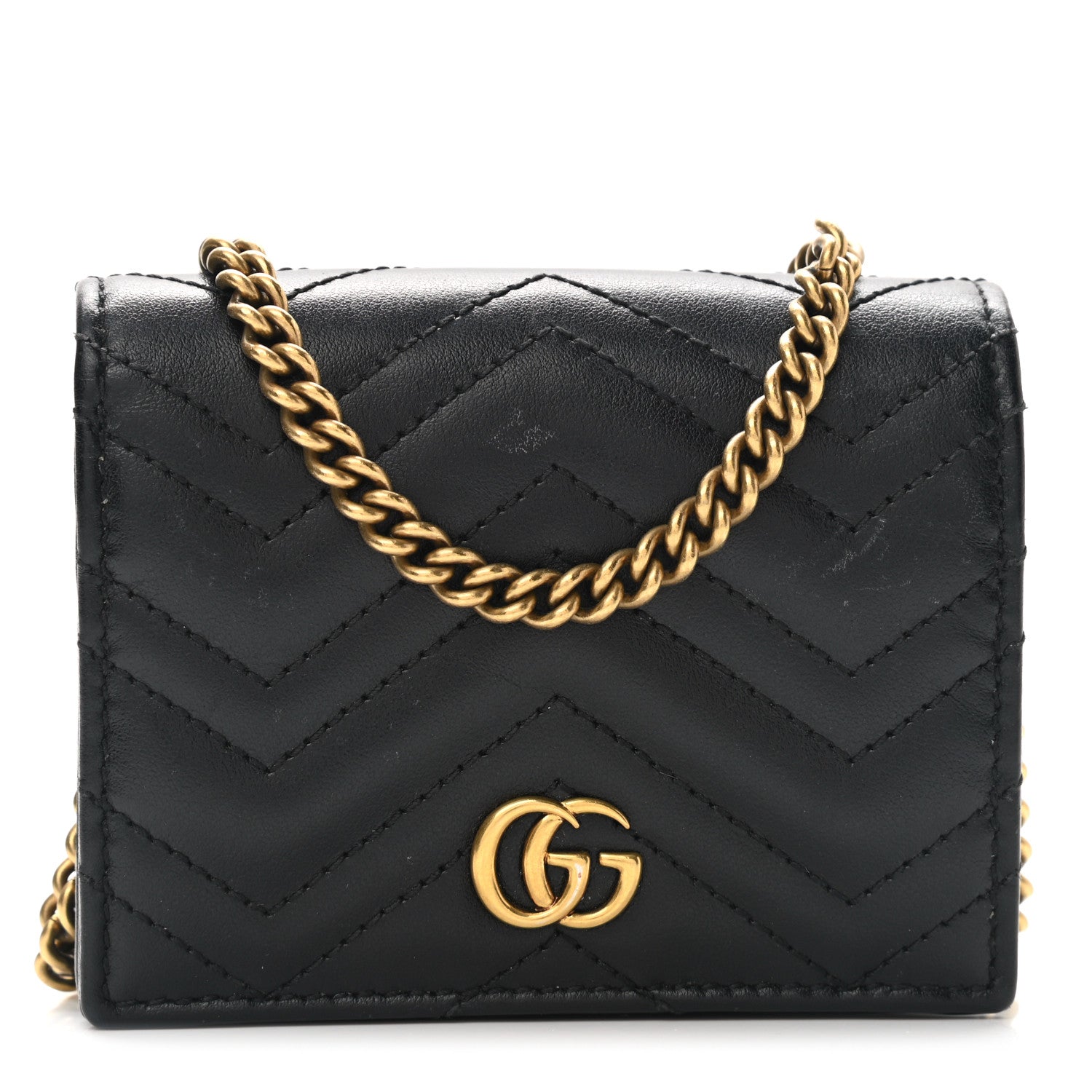 Gucci Calfskin Matelasse GG Marmont Mini Wallet On Chain Black 1 of 7
