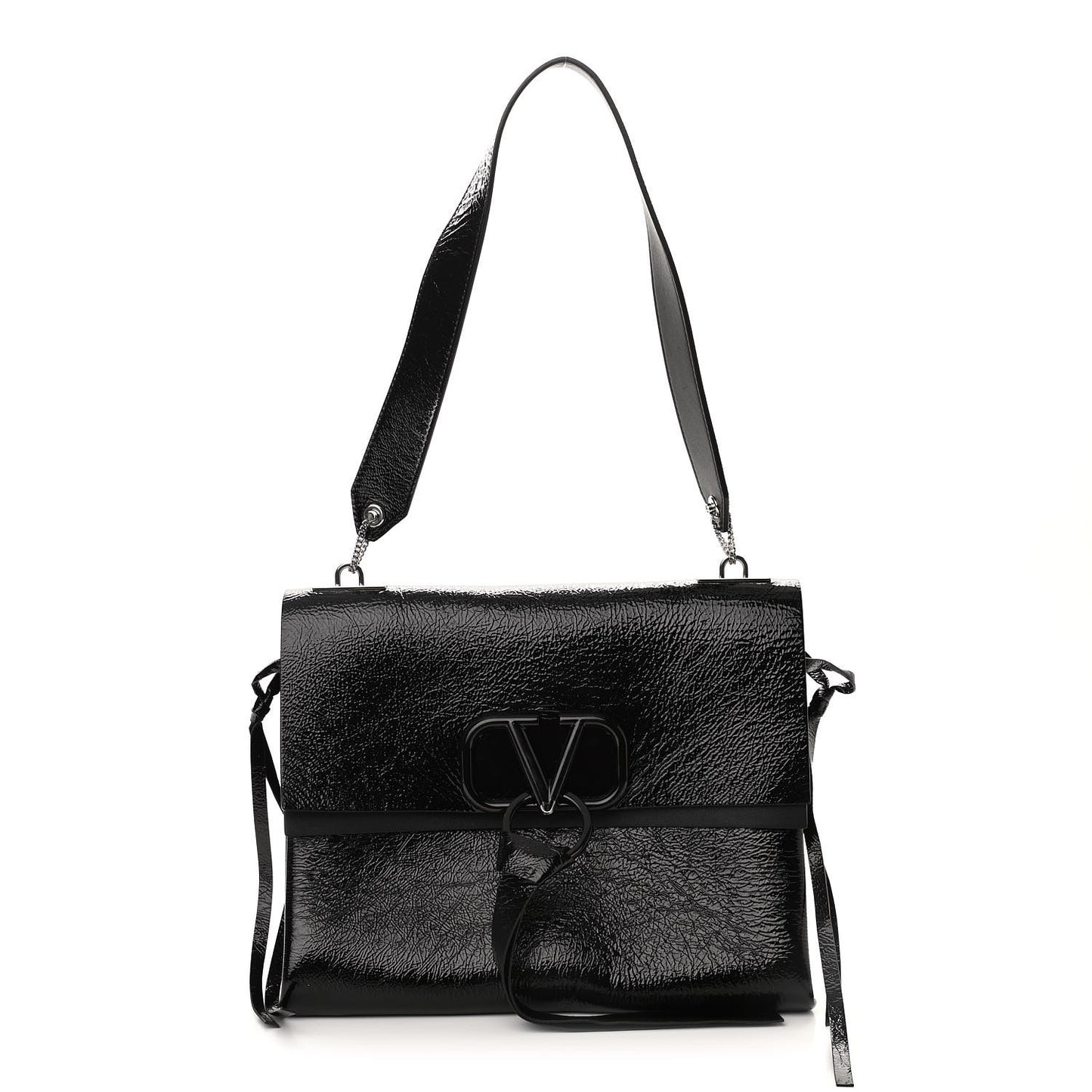 Textured Patent Calfskin Medium Vring Shoulder Bag Black