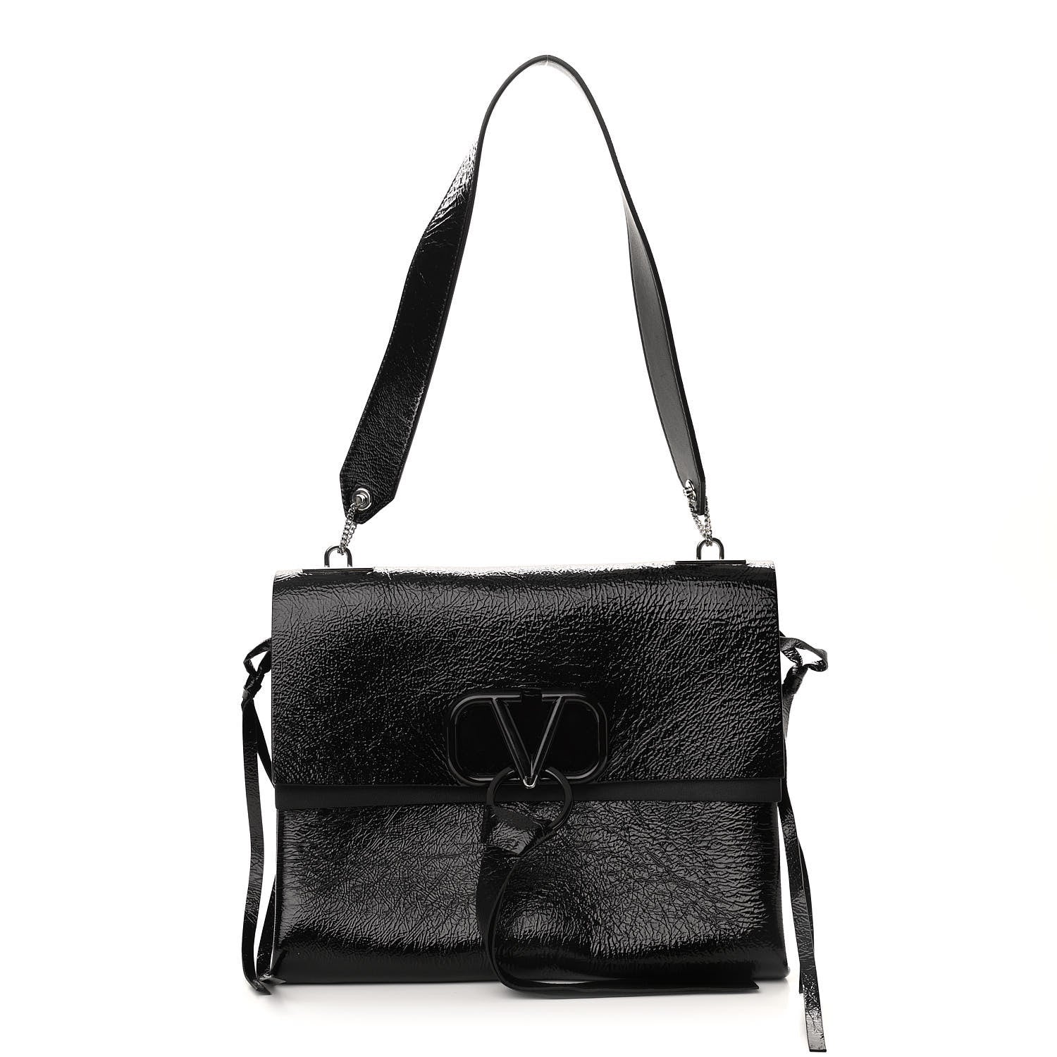 Valentino Garavani Textured Patent Calfskin Medium Vring Shoulder Bag Black 1 of 11