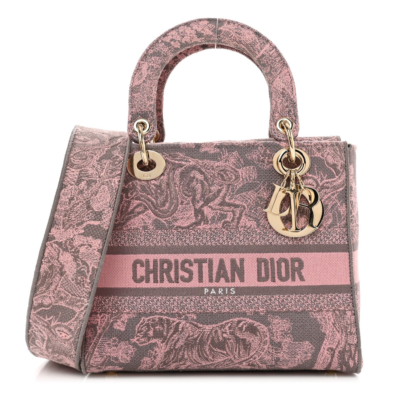 Christian Dior Canvas Toile De Jouy Reverse Embroidered Medium Lady D-Lite Gray Pink 1 of 8