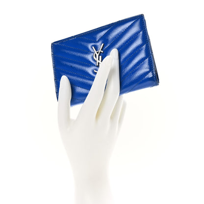 Saint Laurent Patent Grain De Poudre Matelasse Chevron Monogram Zipped Two-Part Wallet Royal Blue 2 of 10