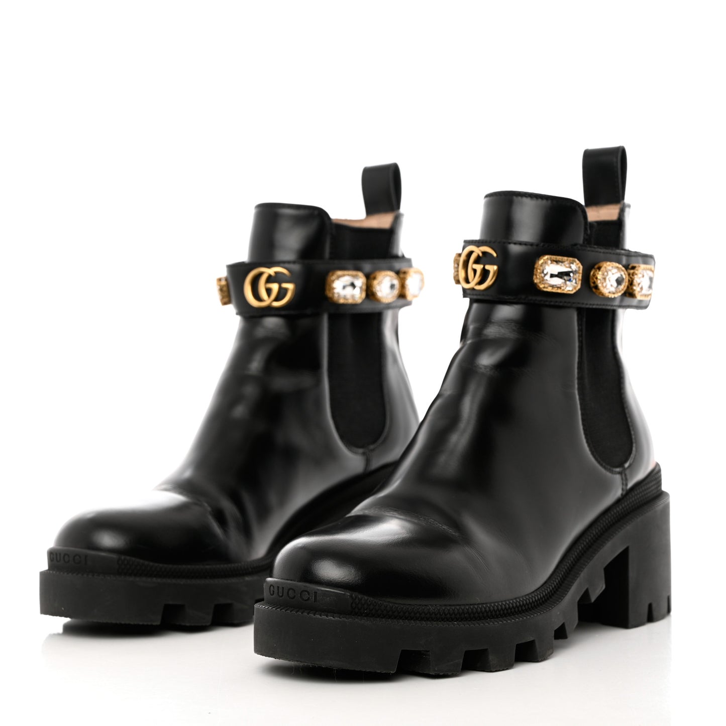 Calfskin Crystal GG Trip Chelsea Ankle Boots 36 Black