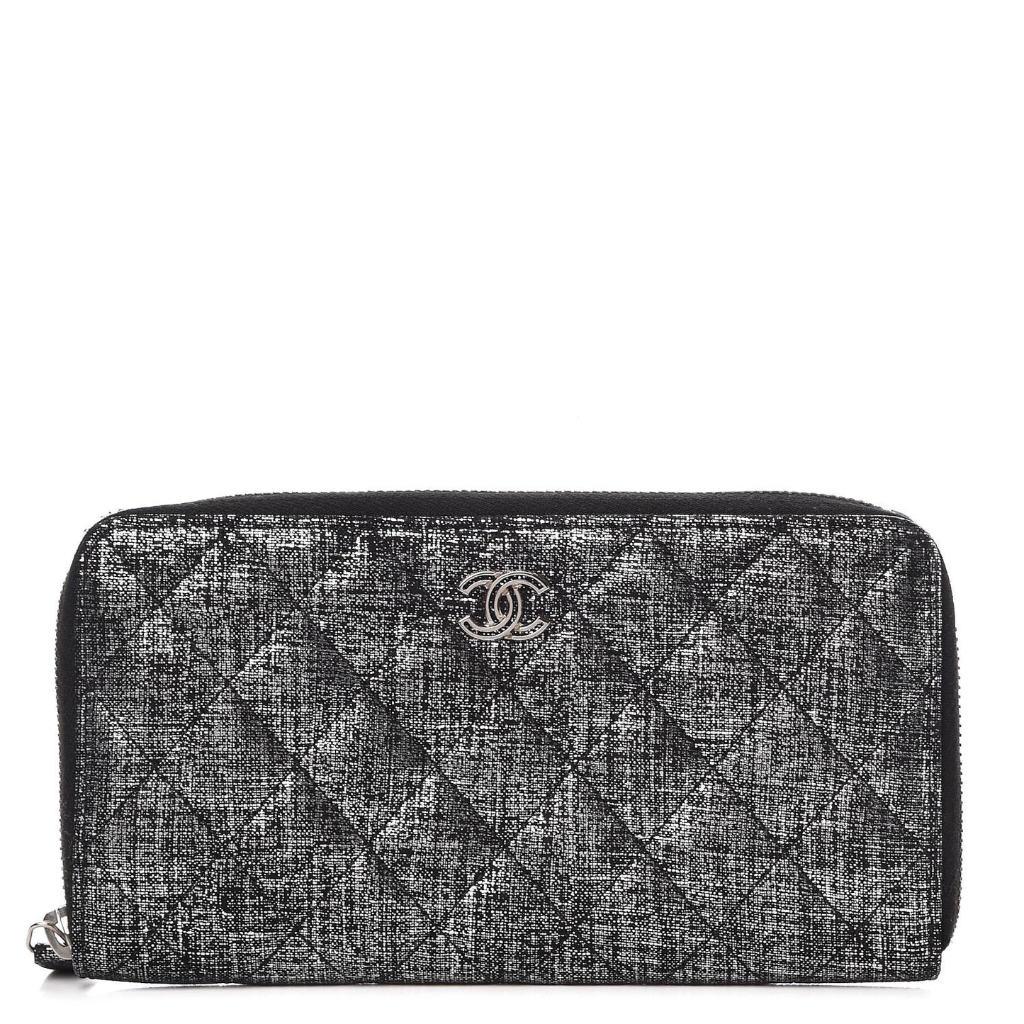 Metallic Fabric Quilted Zip Around Wallet Silver Black