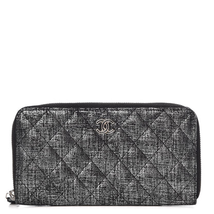 Chanel Metallic Fabric Quilted Zip Around Wallet Silver Black 1 of 8