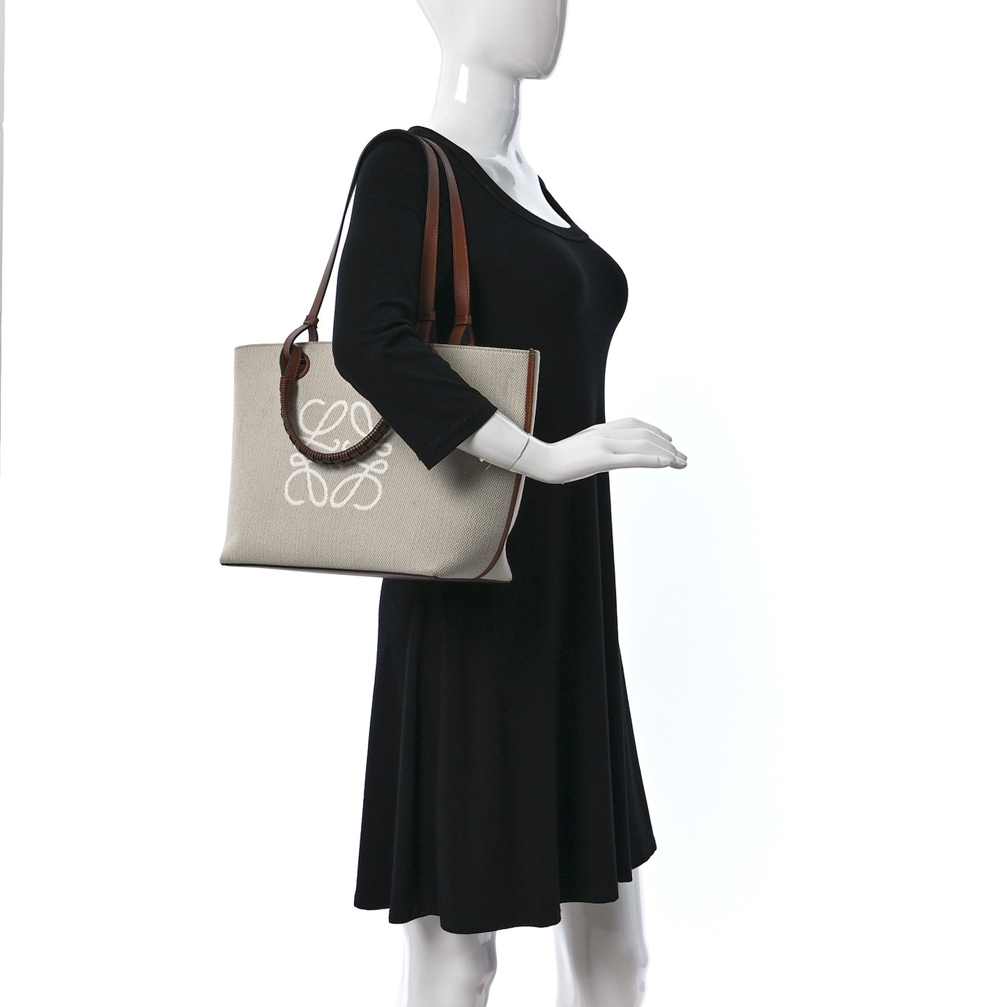 Canvas Calfskin Small Anagram Tote Ecru Tan