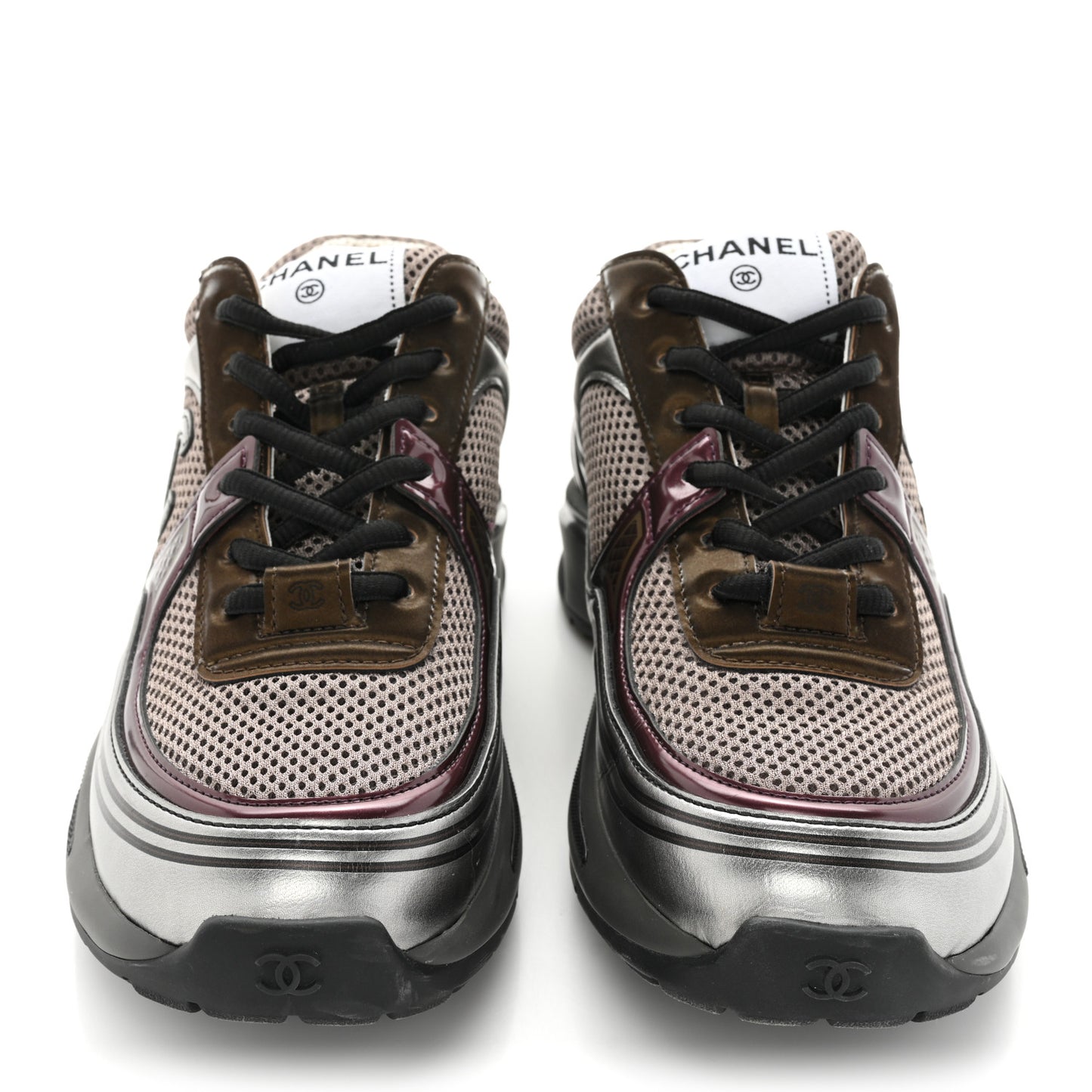 Fabric Laminated Calfskin Stretch CC Womens Sneakers 38 Khaki Silver Dark Purple