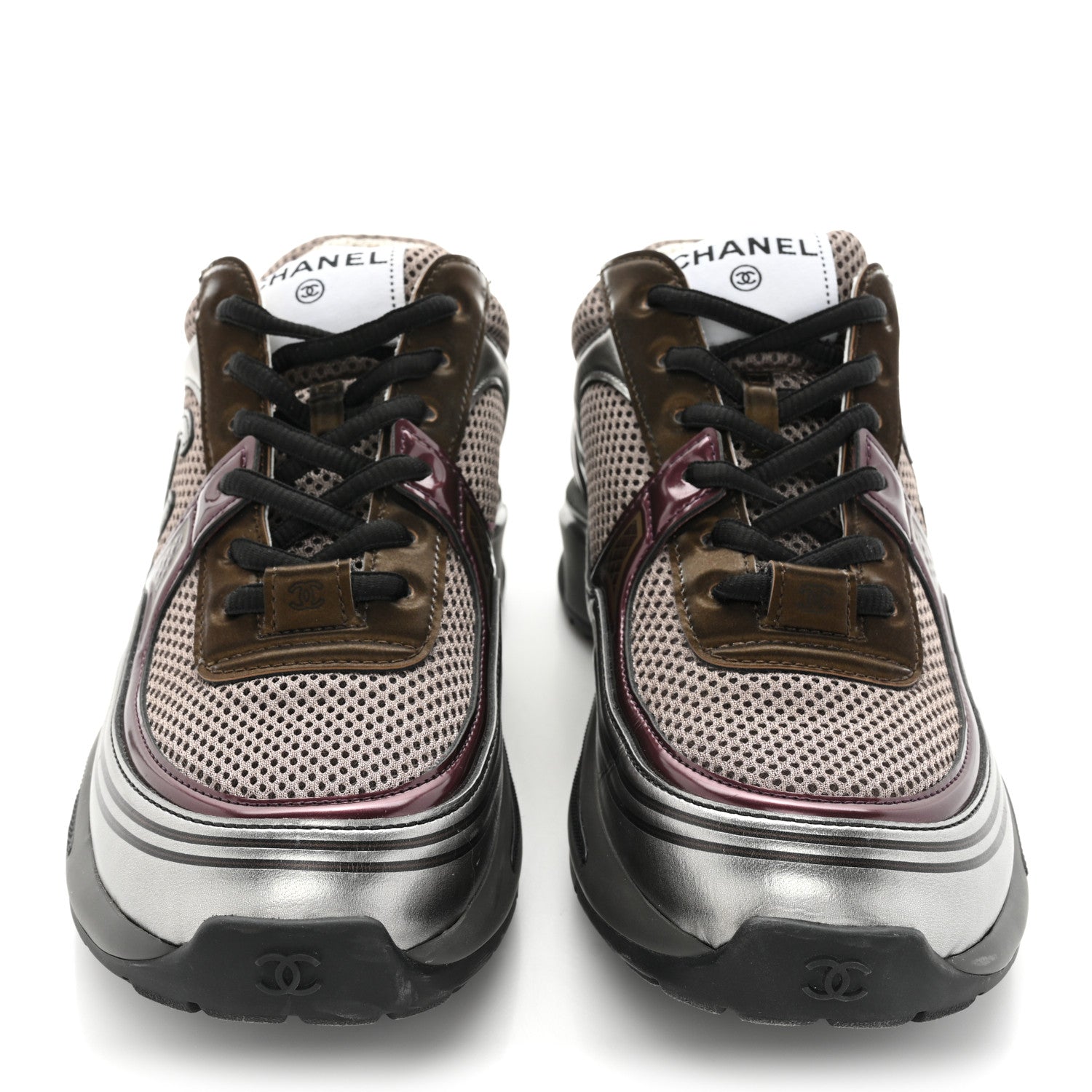 Chanel Fabric Laminated Calfskin Stretch CC Womens Sneakers 38 Khaki Silver Dark Purple 2 of 13