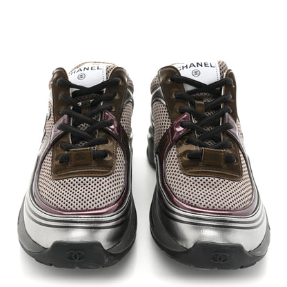 Chanel Fabric Laminated Calfskin Stretch CC Womens Sneakers 38 Khaki Silver Dark Purple 2 of 13