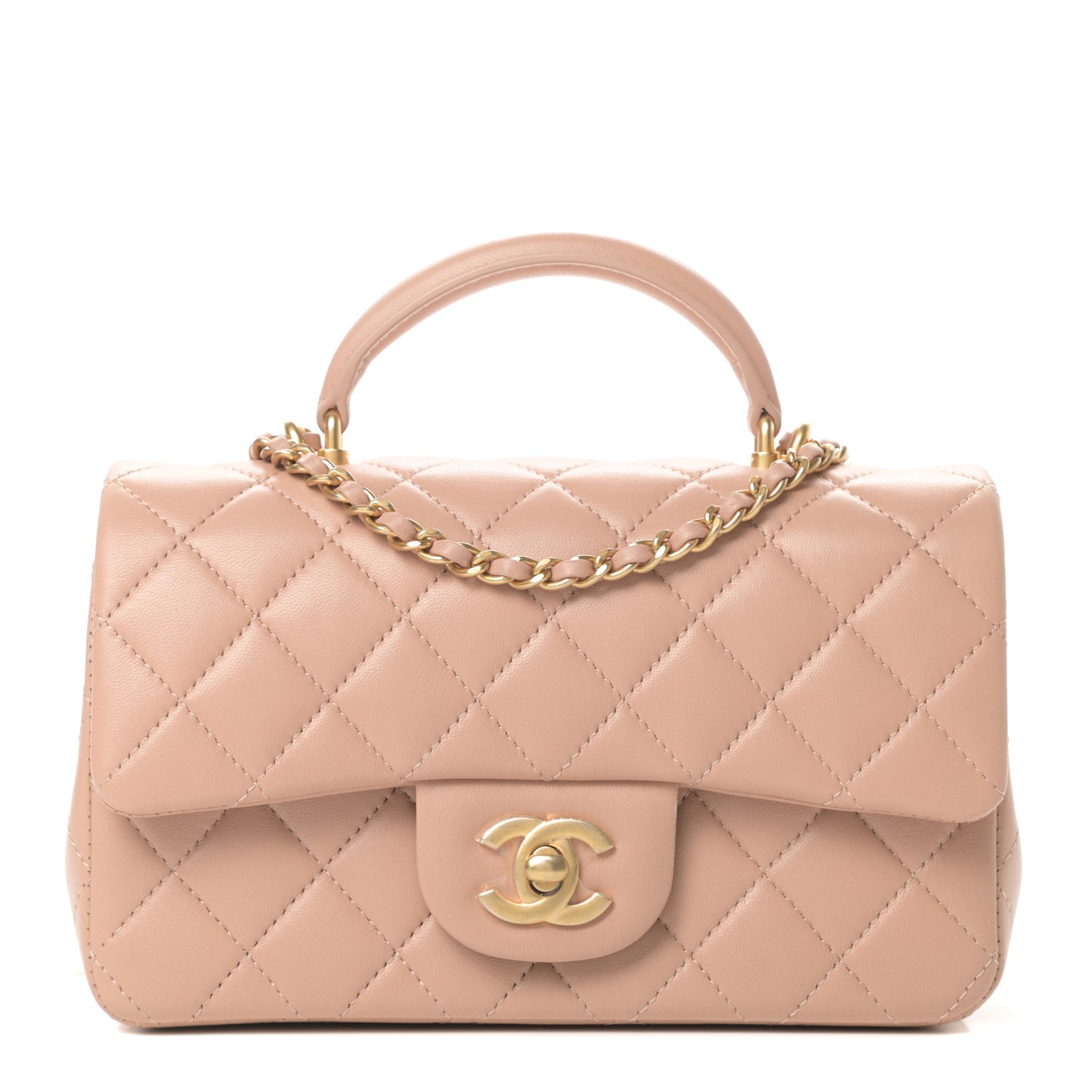 Lambskin Quilted Mini Top Handle Rectangular Flap Beige