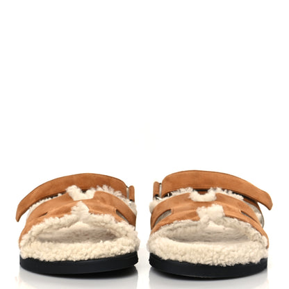 Hermes Suede Goatskin Woolskin Womens Chypre Sandals 39 Brun Fume Ecru 2 of 8