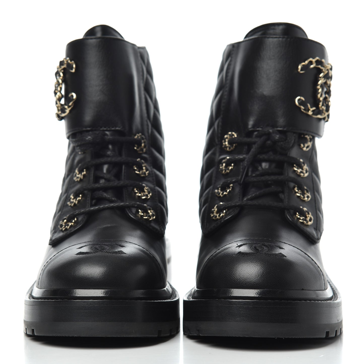 Shiny Lambskin Quilted Lace Up Combat Boots 36.5 Black