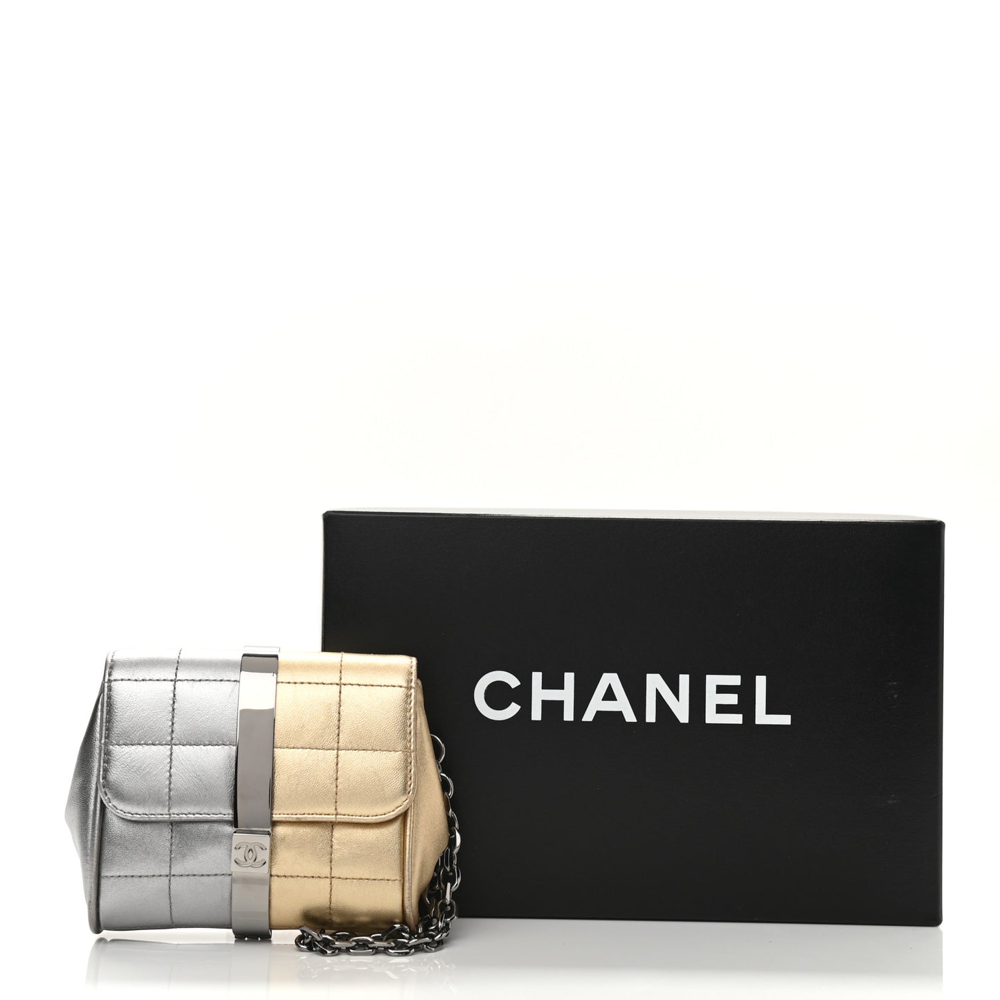 Metallic Lambskin Square Quilted Wristlet Clutch Gold Silver
