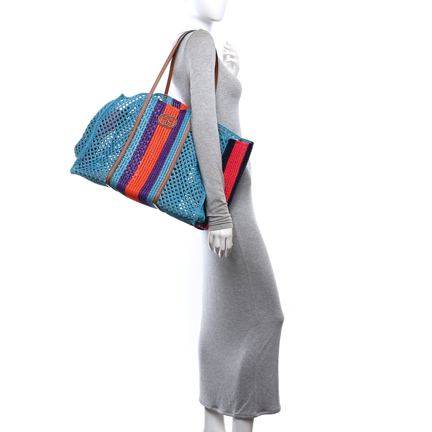 Raffia Web Woven Interlocking G Tote Blue Multicolor
