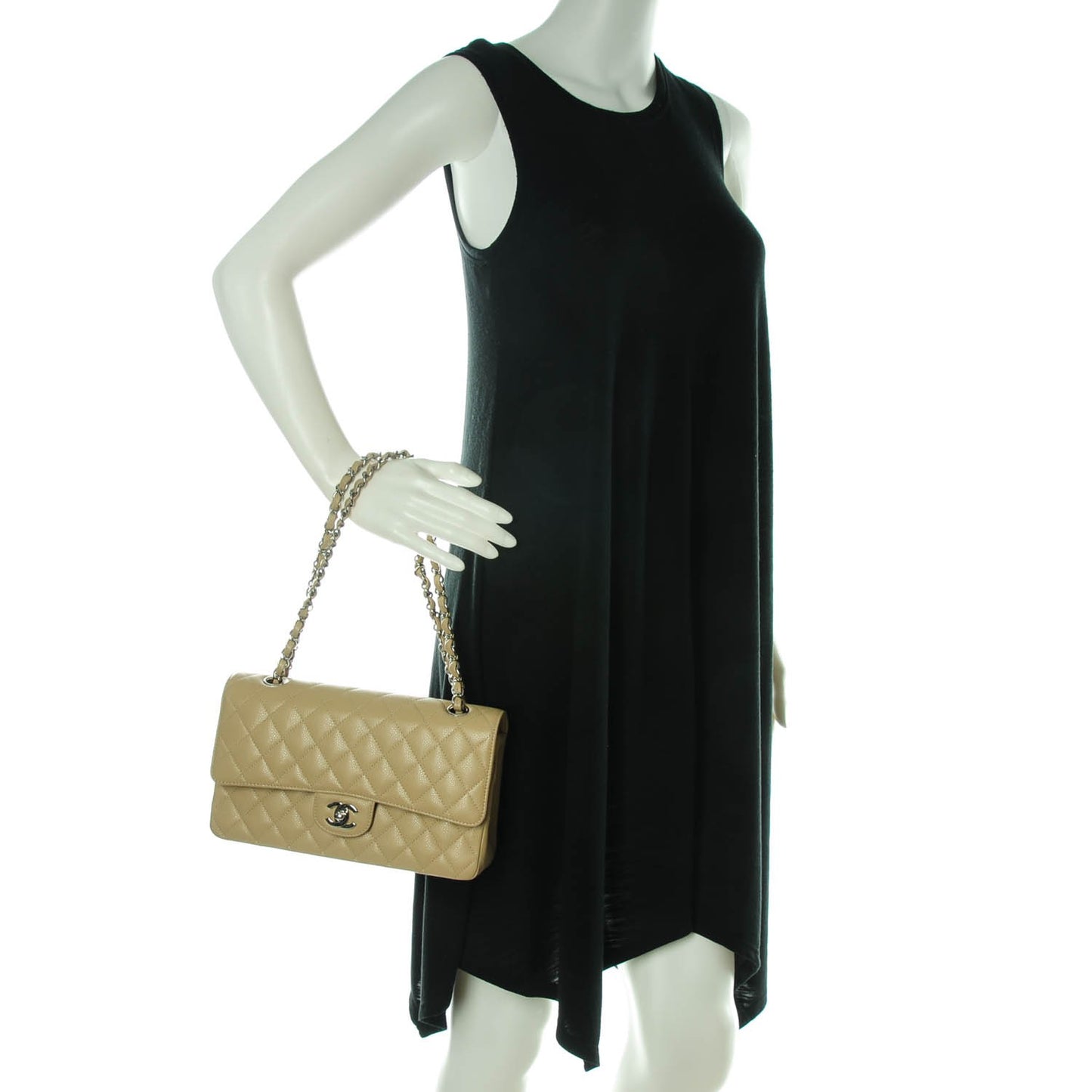 Caviar Quilted Medium Double Flap Beige