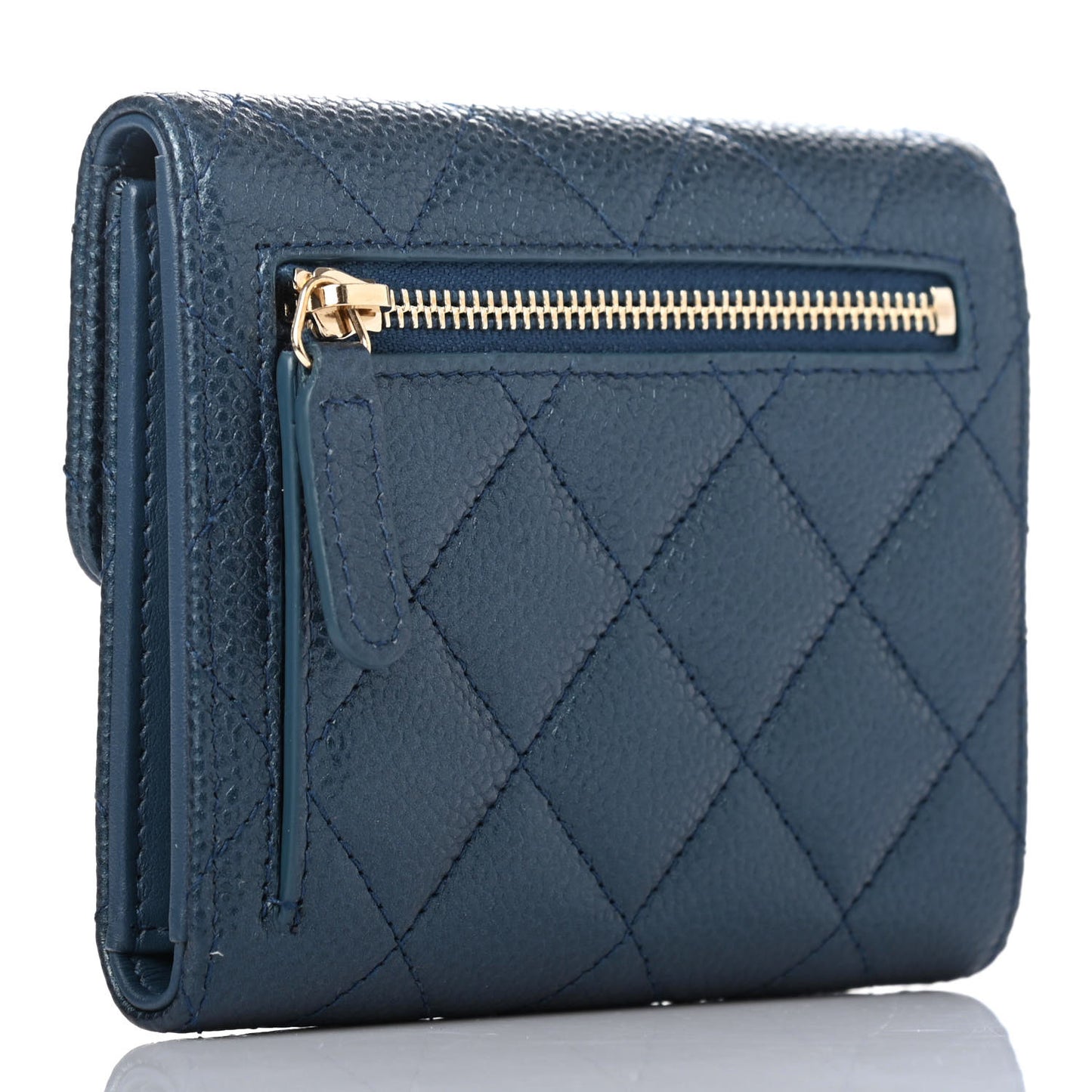 Metallic Caviar Quilted Compact Flap Wallet Navy