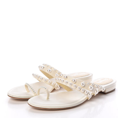 Chanel Lambskin Grosgrain Pearl Sandals 36.5 Ivory 3 of 7