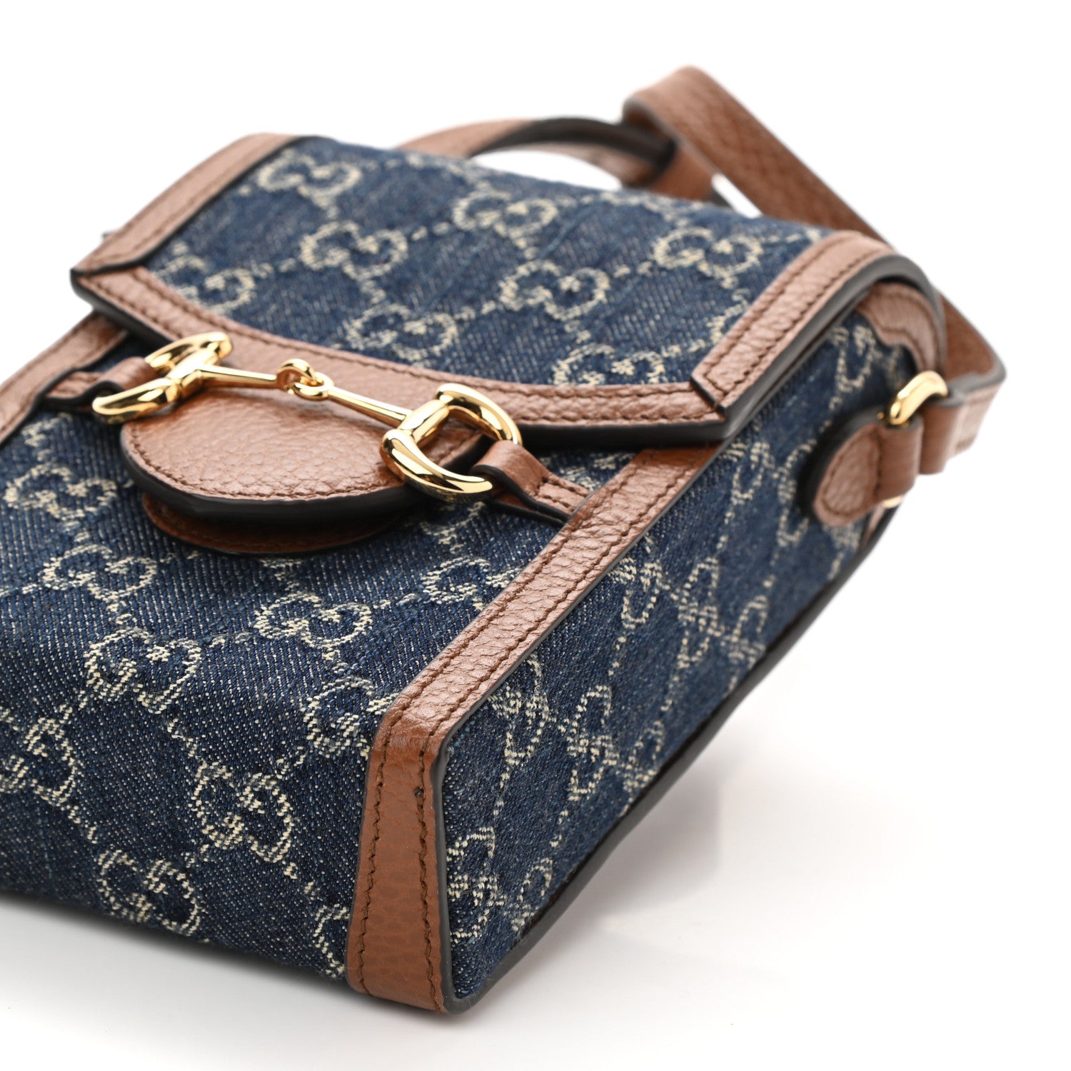 Gucci New Denim GG Monogram Dollar Calfskin Mini Horsebit 1955 Crossbody Bag Blue Tea Cuir Epilog 10 of 10