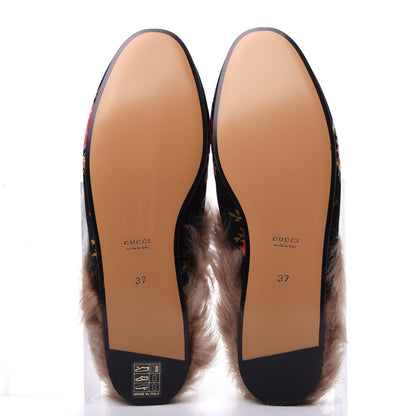 Gucci Velvet Fur Floral Womens Princetown Slippers 37 Black 6 of 10