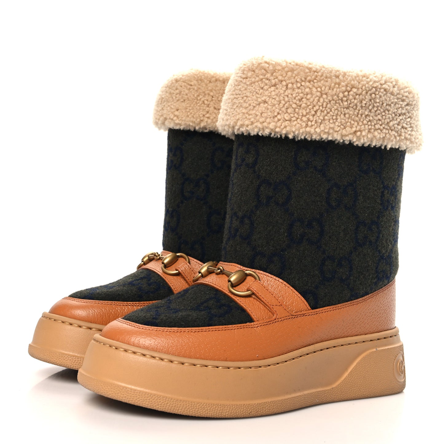 Covered Wool Monogram Textured Dollar Calfskin Shearling Horsebit Snow Boots 36.5 Underwood Blue Hazel Brown