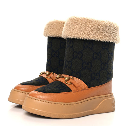 Gucci Covered Wool Monogram Textured Dollar Calfskin Shearling Horsebit Snow Boots 36.5 Underwood Blue Hazel Brown 4 of 9
